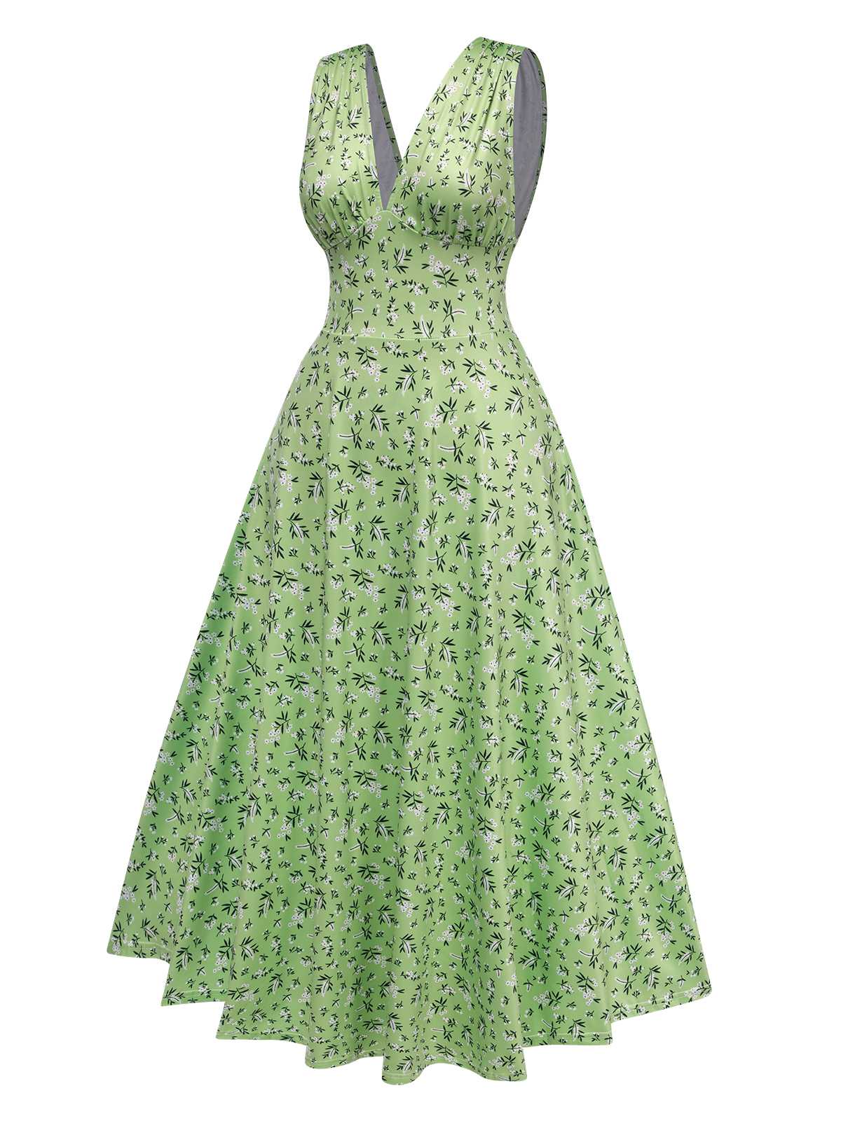 Green 1940s V-Neck Ditsy Floral Dress - Image 2