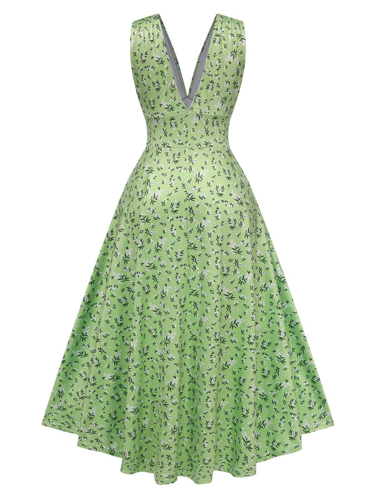Green 1940s V-Neck Ditsy Floral Dress - Image 3