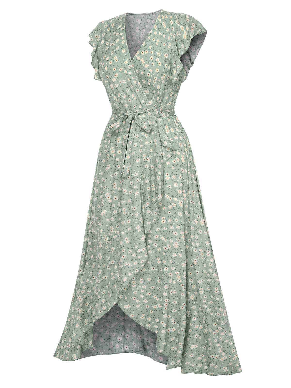 Green 1940s V-Neck Ditsy Floral Irregular Hem Dress - Image 2