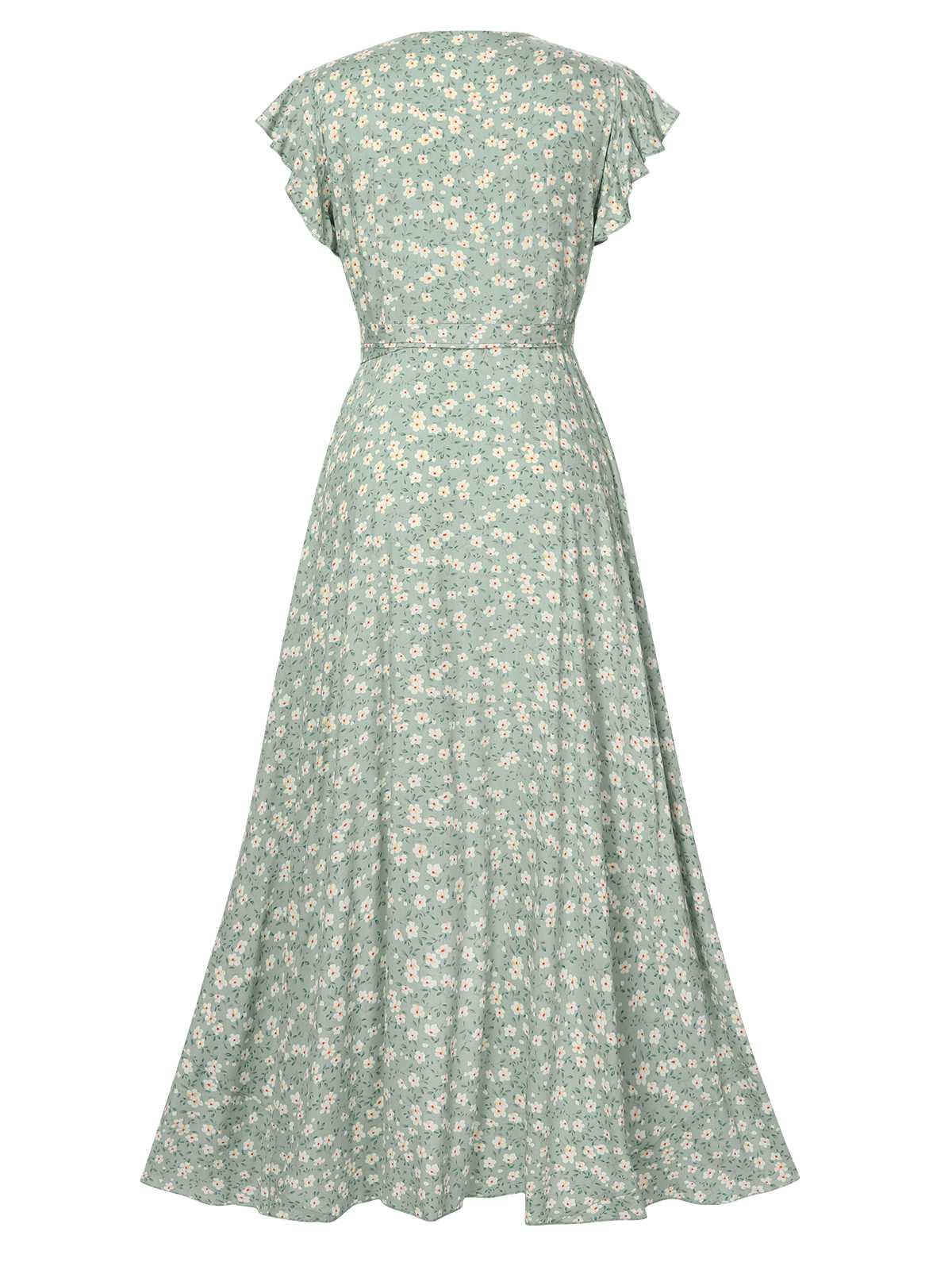 Green 1940s V-Neck Ditsy Floral Irregular Hem Dress - Image 3