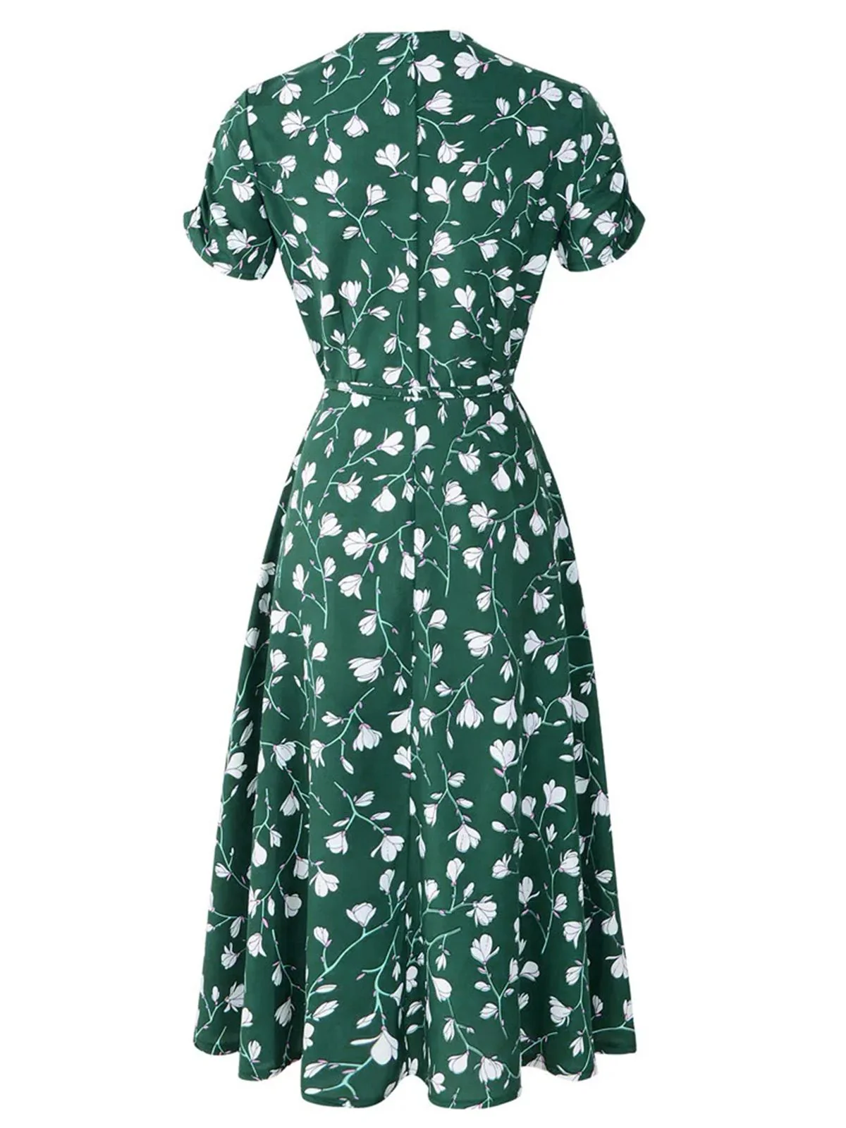 Green 1940s V-Neck Floral Dress - Image 2
