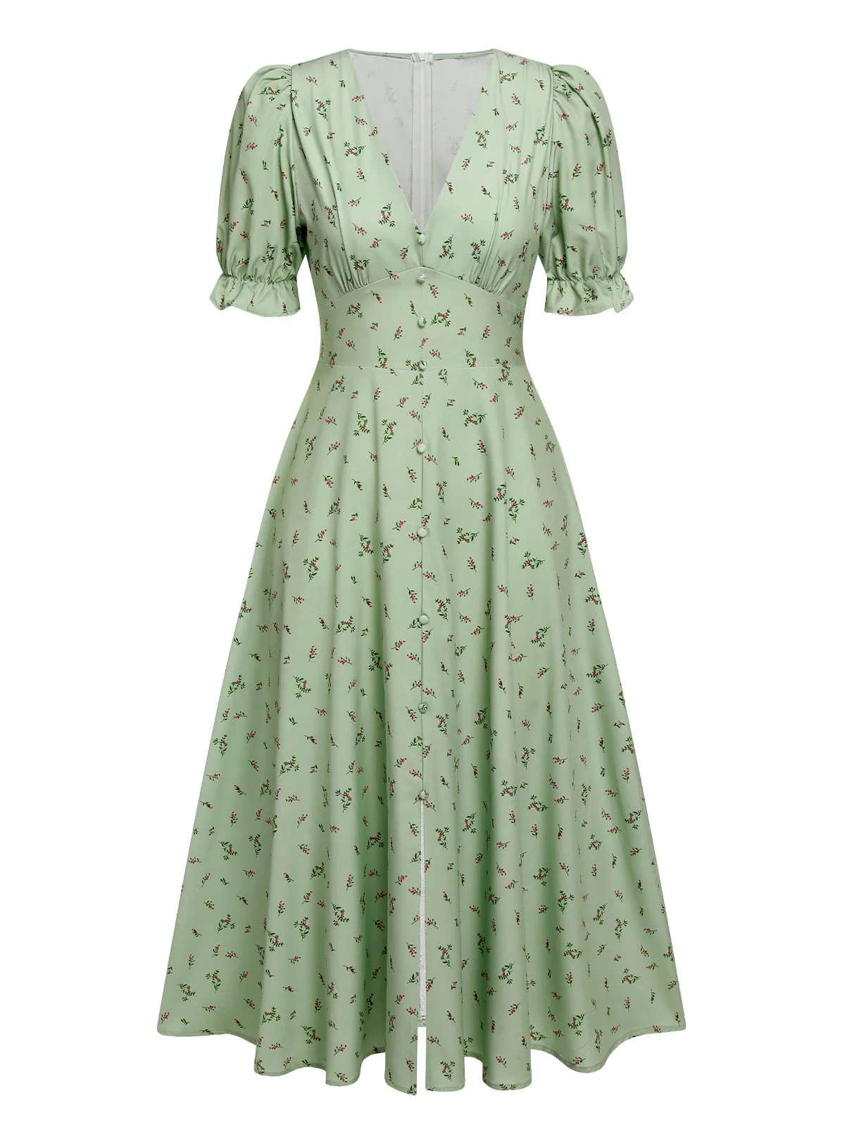 Green 1940s V-Neck Floral Lantern Sleeves Dress - Image 2