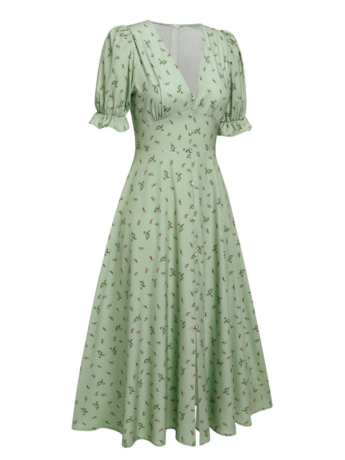 Green 1940s V-Neck Floral Lantern Sleeves Dress - Image 3
