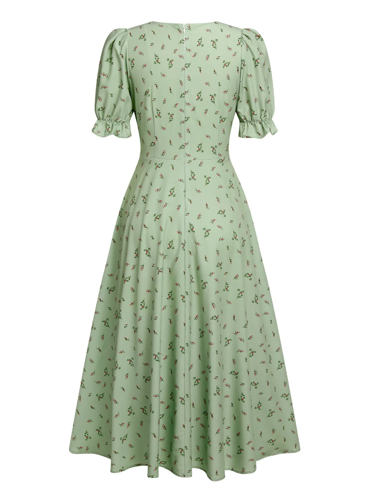 Green 1940s V-Neck Floral Lantern Sleeves Dress - Image 4