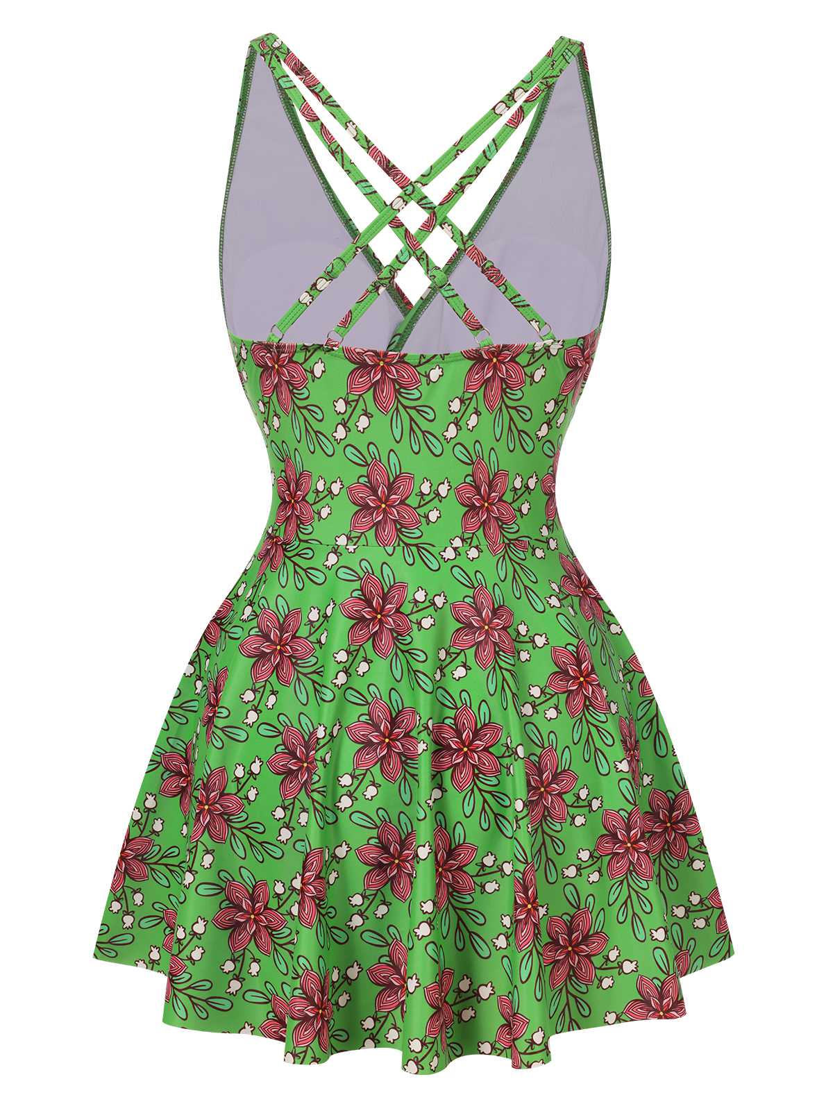 Green 1940s V-Neck Floral Ruched-Waist Swimsuit - Image 2