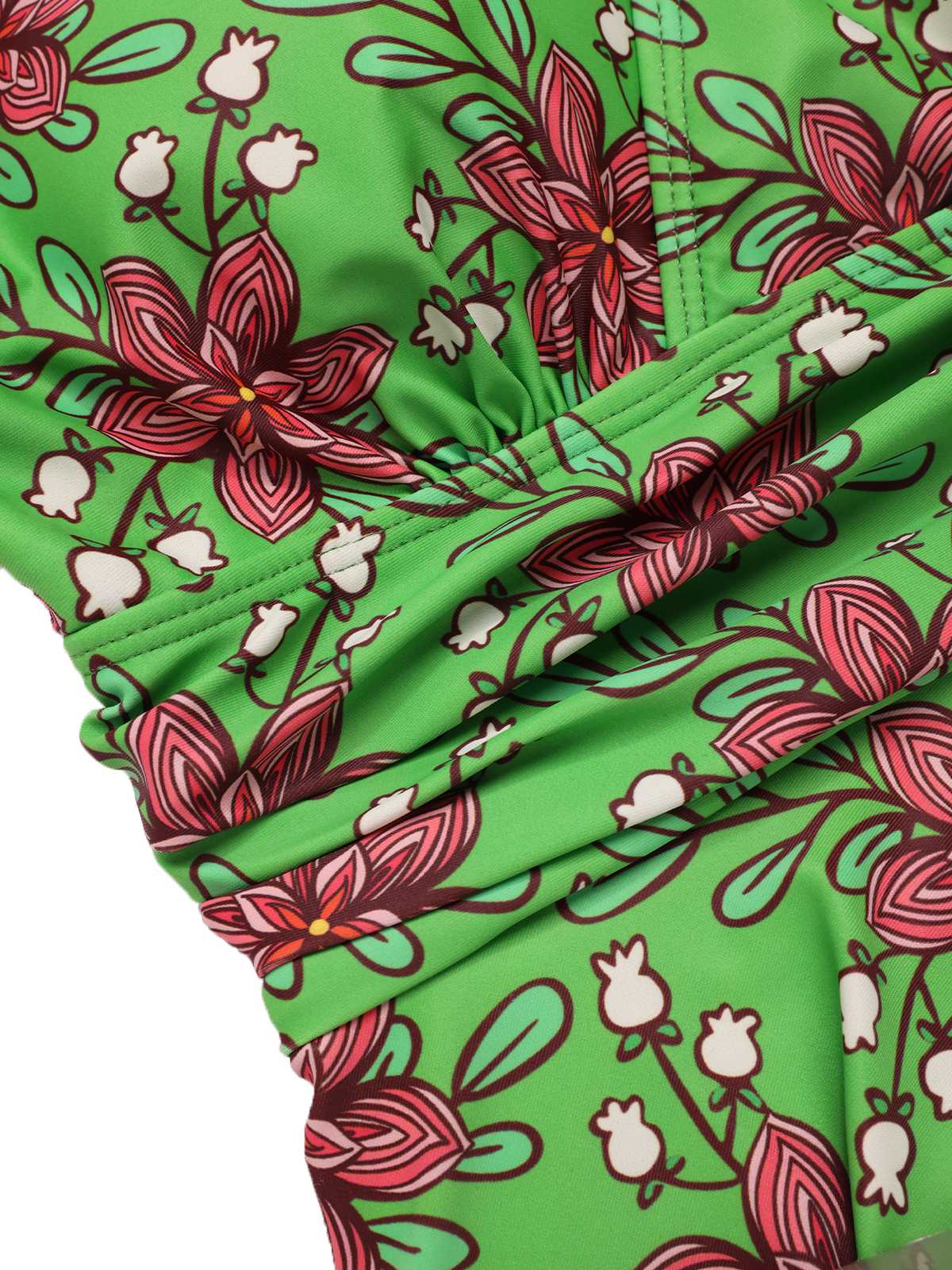 Green 1940s V-Neck Floral Ruched-Waist Swimsuit - Image 3