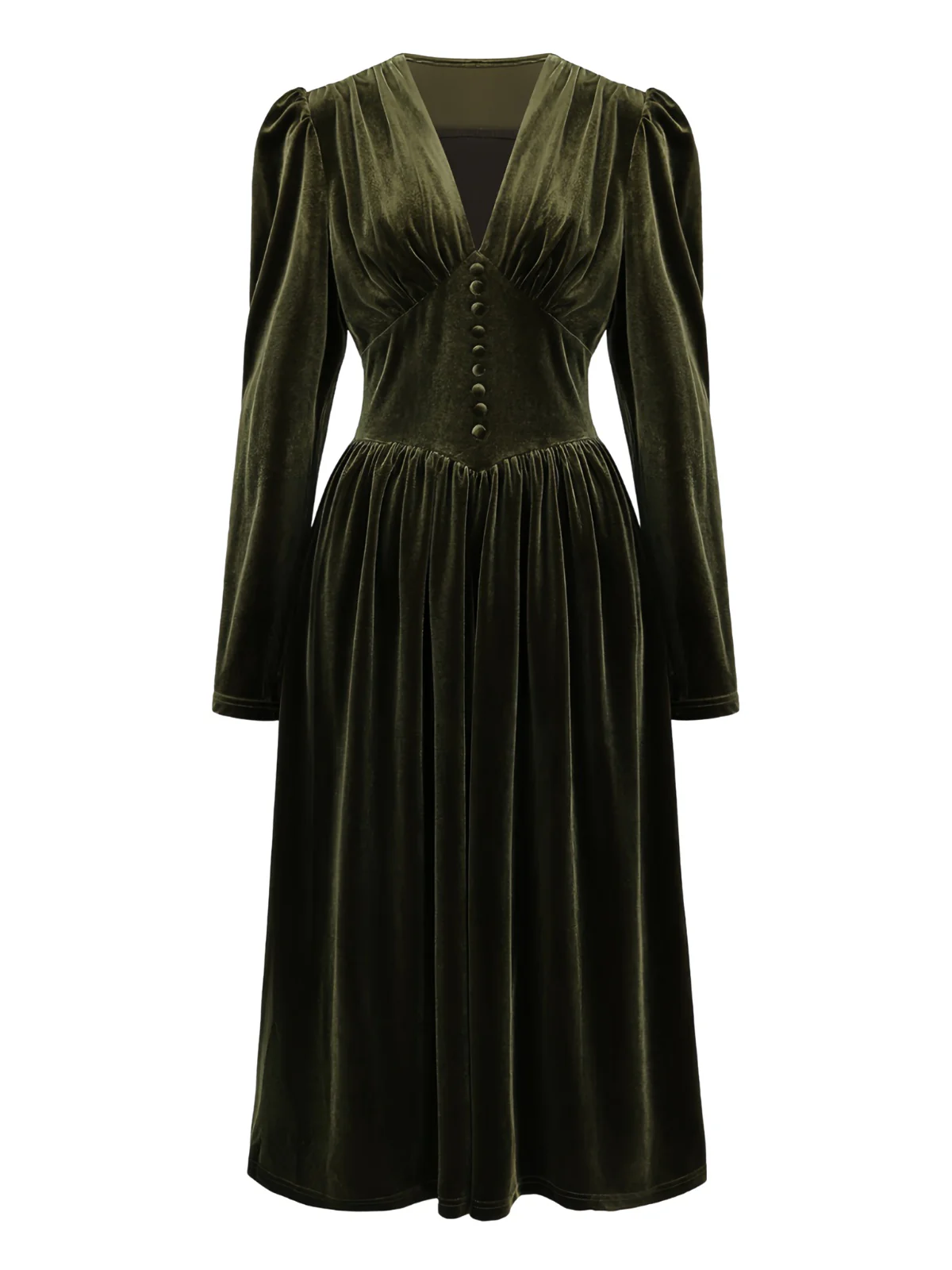 Green 1940s Velvet Deep-V Puff Sleeve Ruched Dress - Image 2