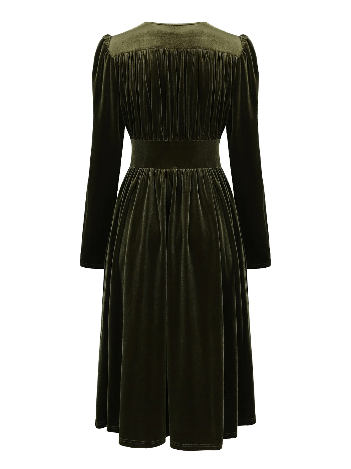 Green 1940s Velvet Deep-V Puff Sleeve Ruched Dress - Image 3