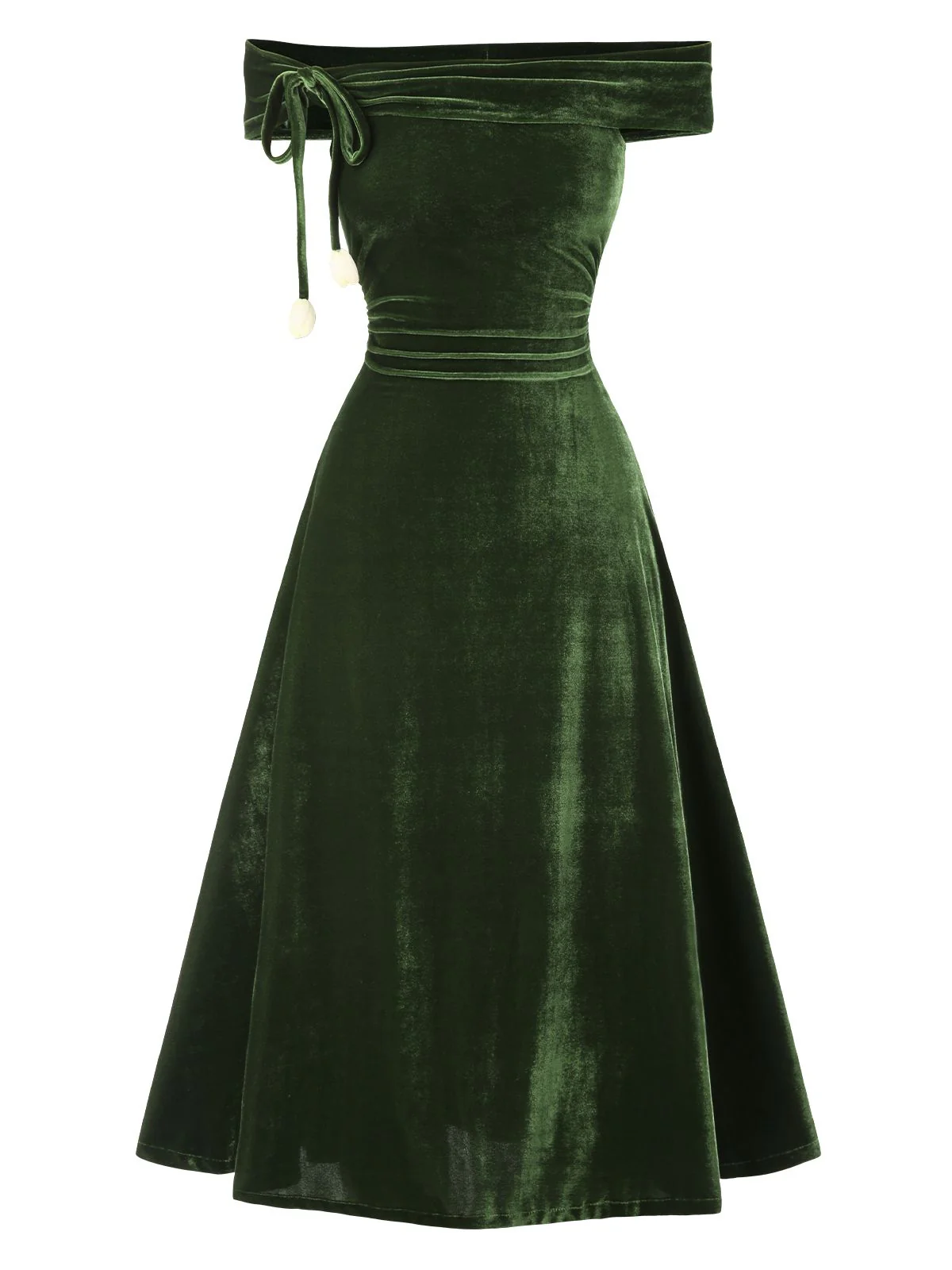 Green 1940s Velvet Ruched Off-Shoulder Bardot Dress - Image 3