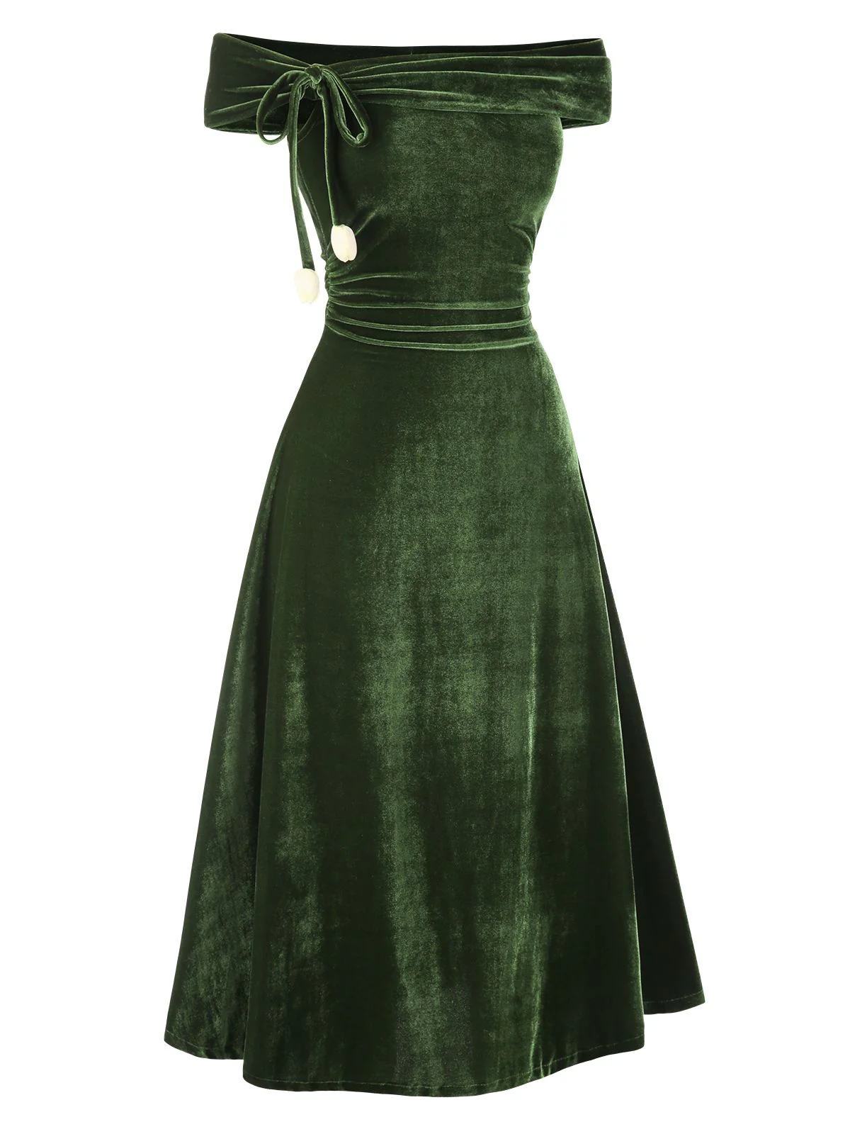 Green 1940s Velvet Ruched Off-Shoulder Bardot Dress - Image 4
