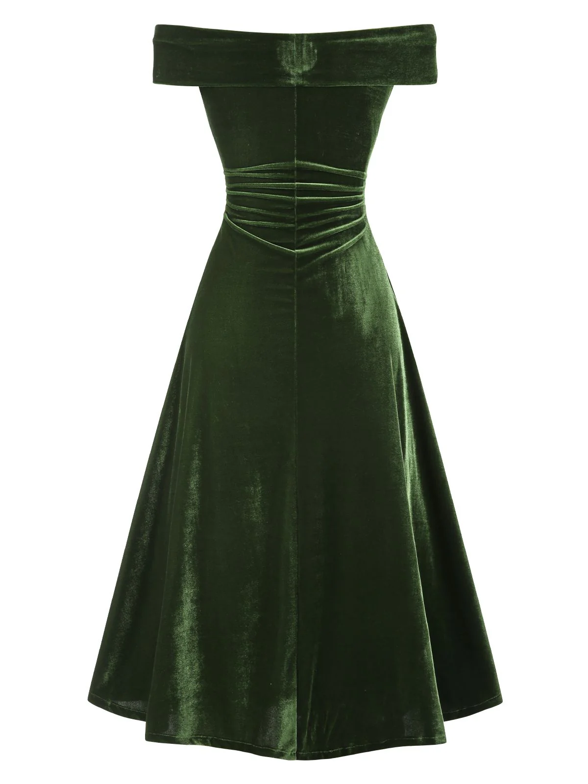 Green 1940s Velvet Ruched Off-Shoulder Bardot Dress - Image 5