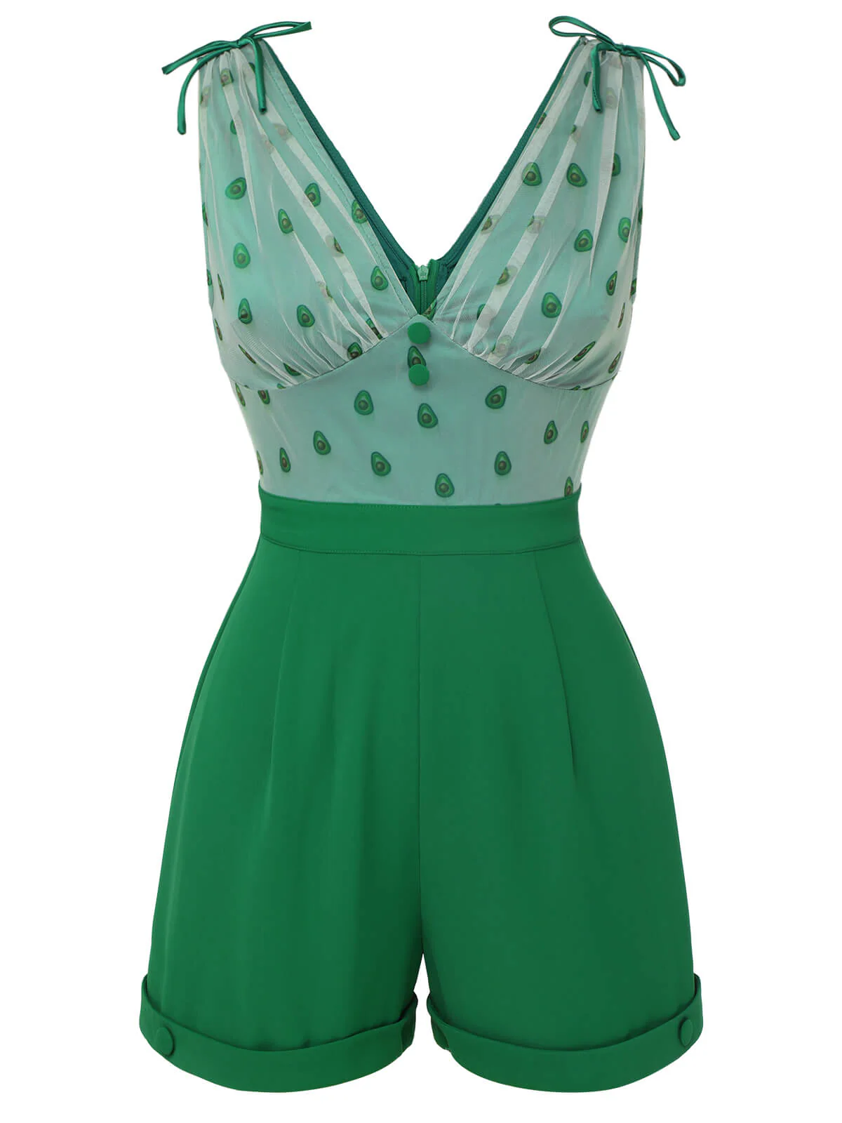 Green 1950s Avocado Mesh V-Neck Romper - Image 2