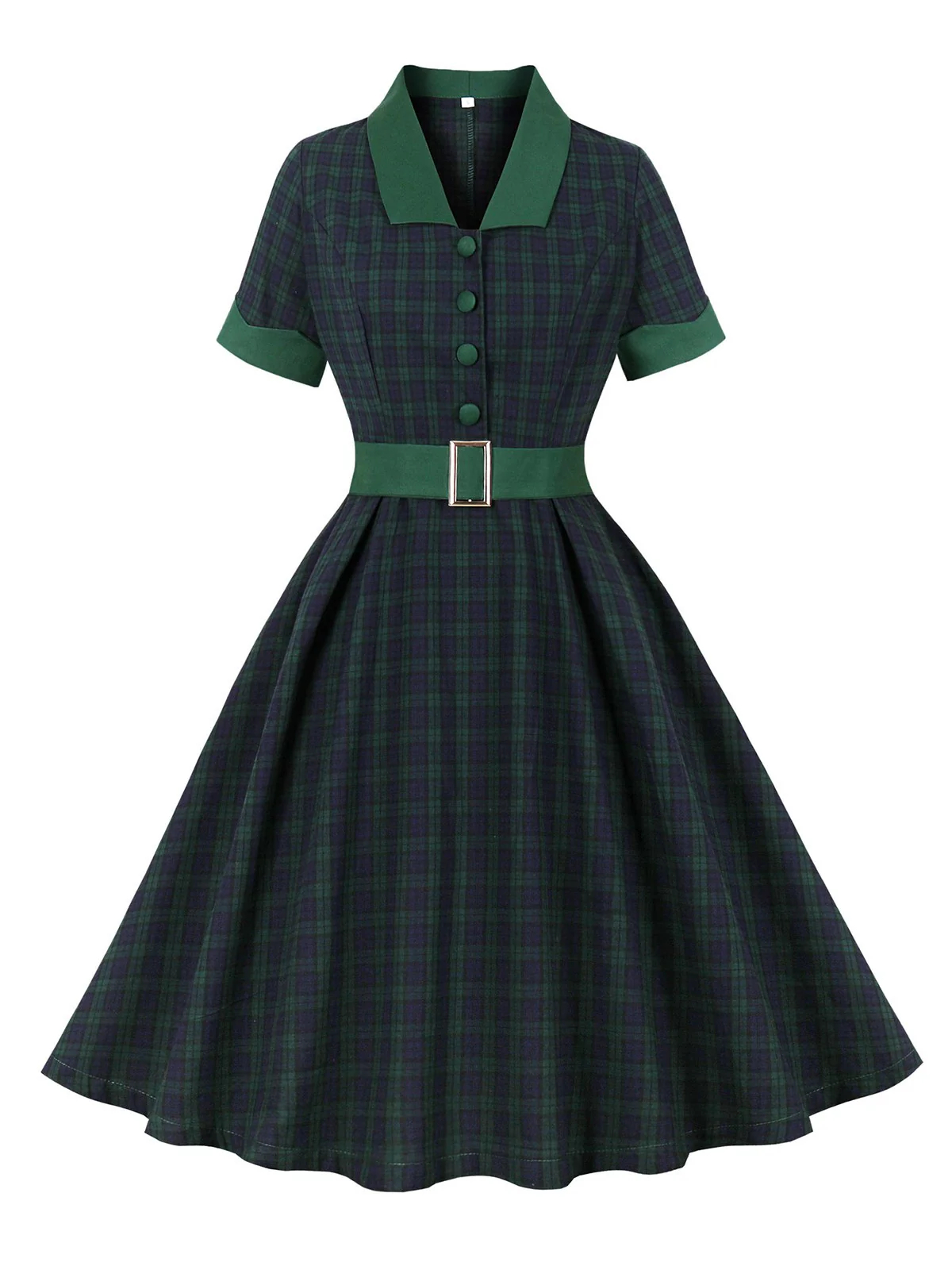 Green 1950s Blackwatch Tartan Lapel Dress - Image 2