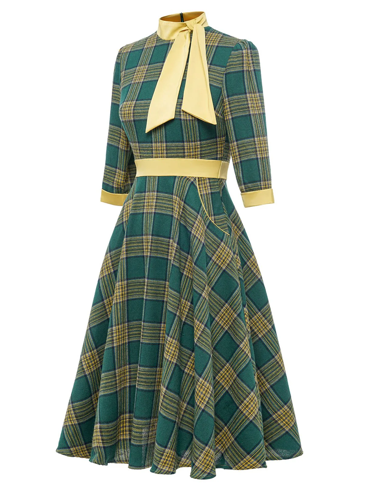 Green 1950s Bowknot Tie Plaid Dress - Image 2