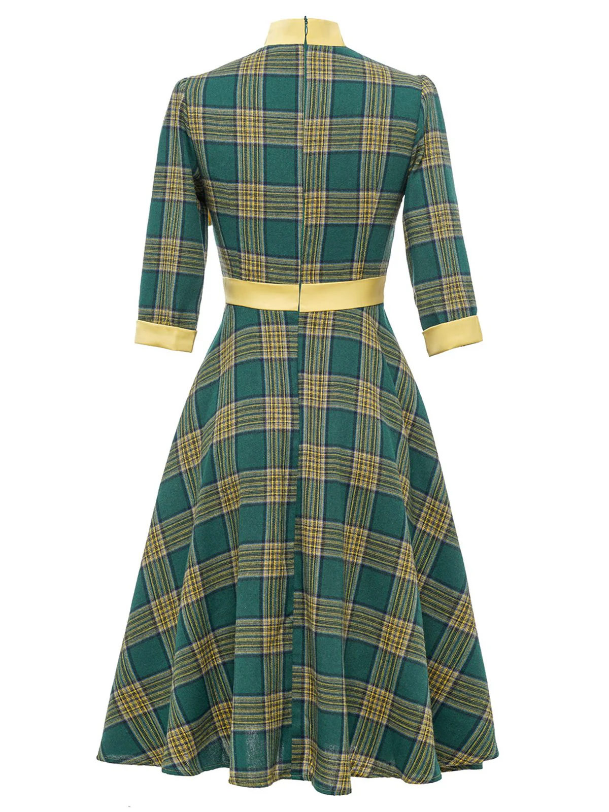 Green 1950s Bowknot Tie Plaid Dress - Image 3