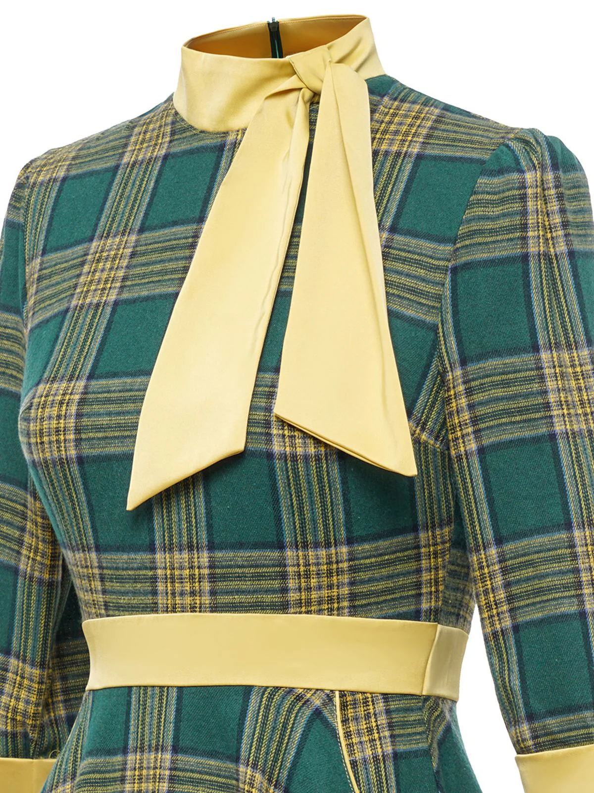 Green 1950s Bowknot Tie Plaid Dress - Image 4