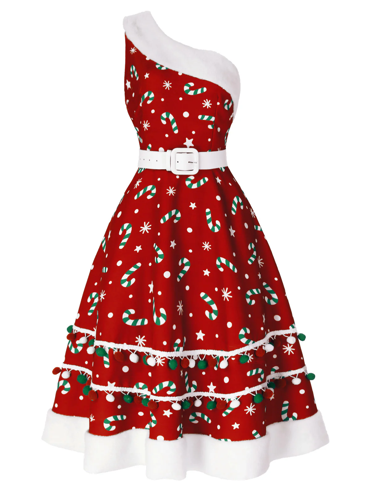 Green 1950s Candy Cane One-Shoulder Dress - Image 11