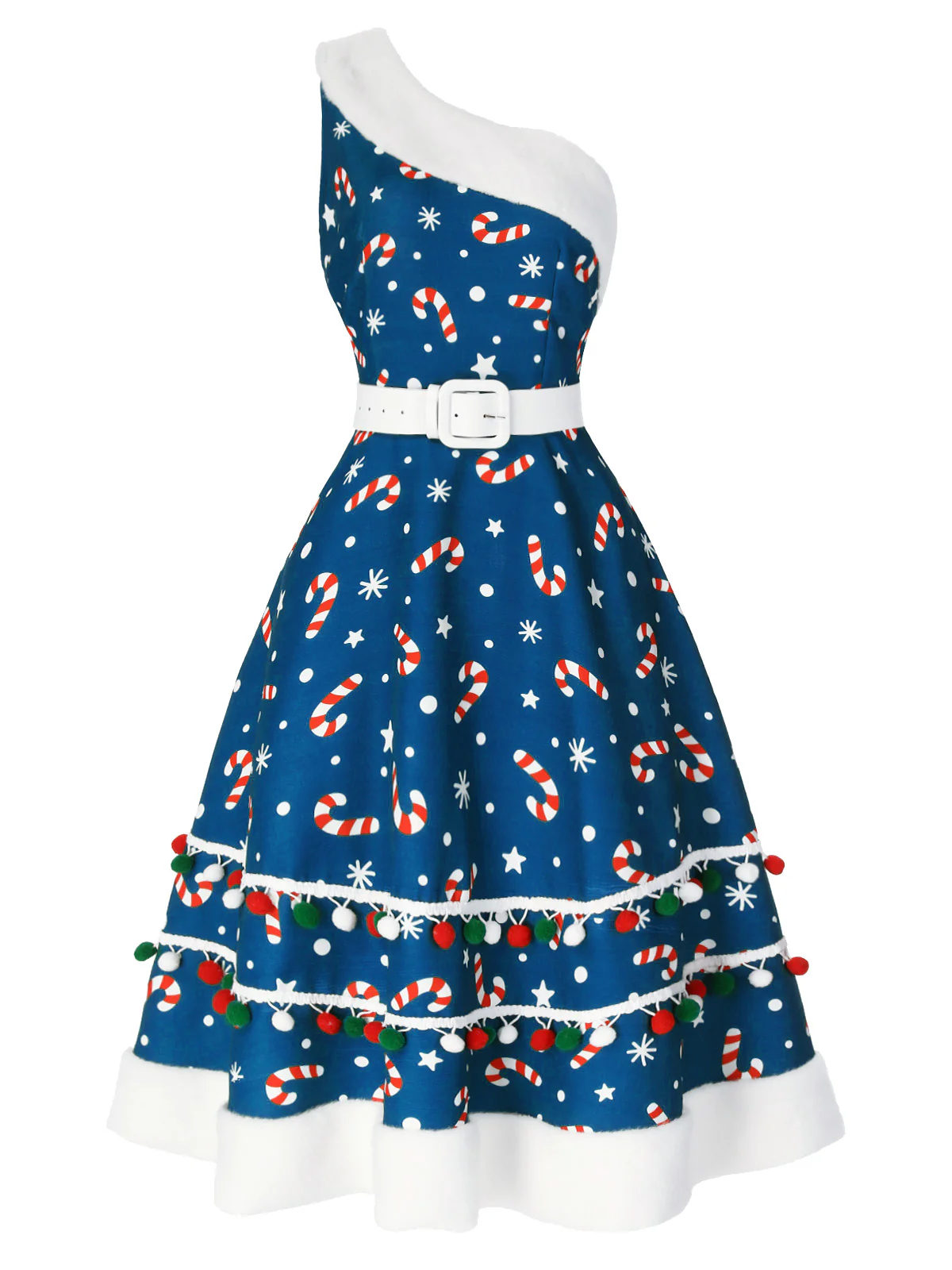 Green 1950s Candy Cane One-Shoulder Dress - Image 12