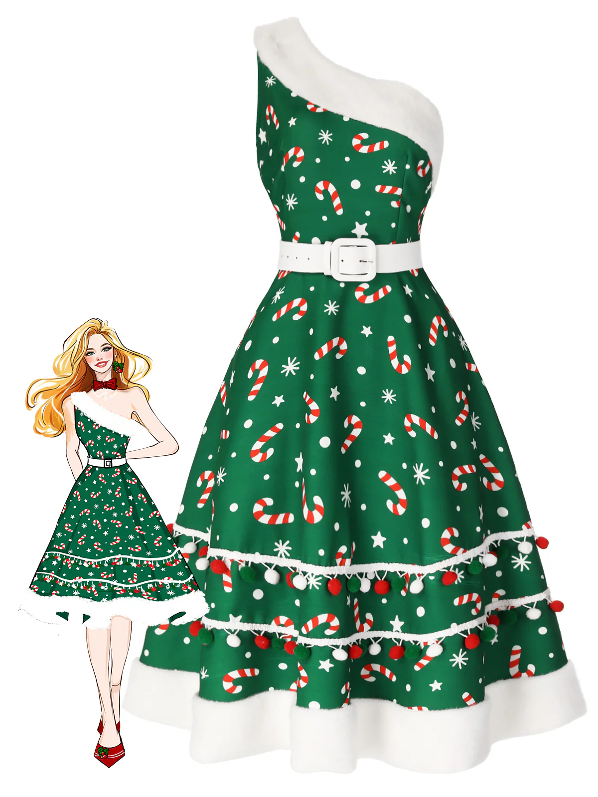 Green 1950s Candy Cane One-Shoulder Dress - Image 3