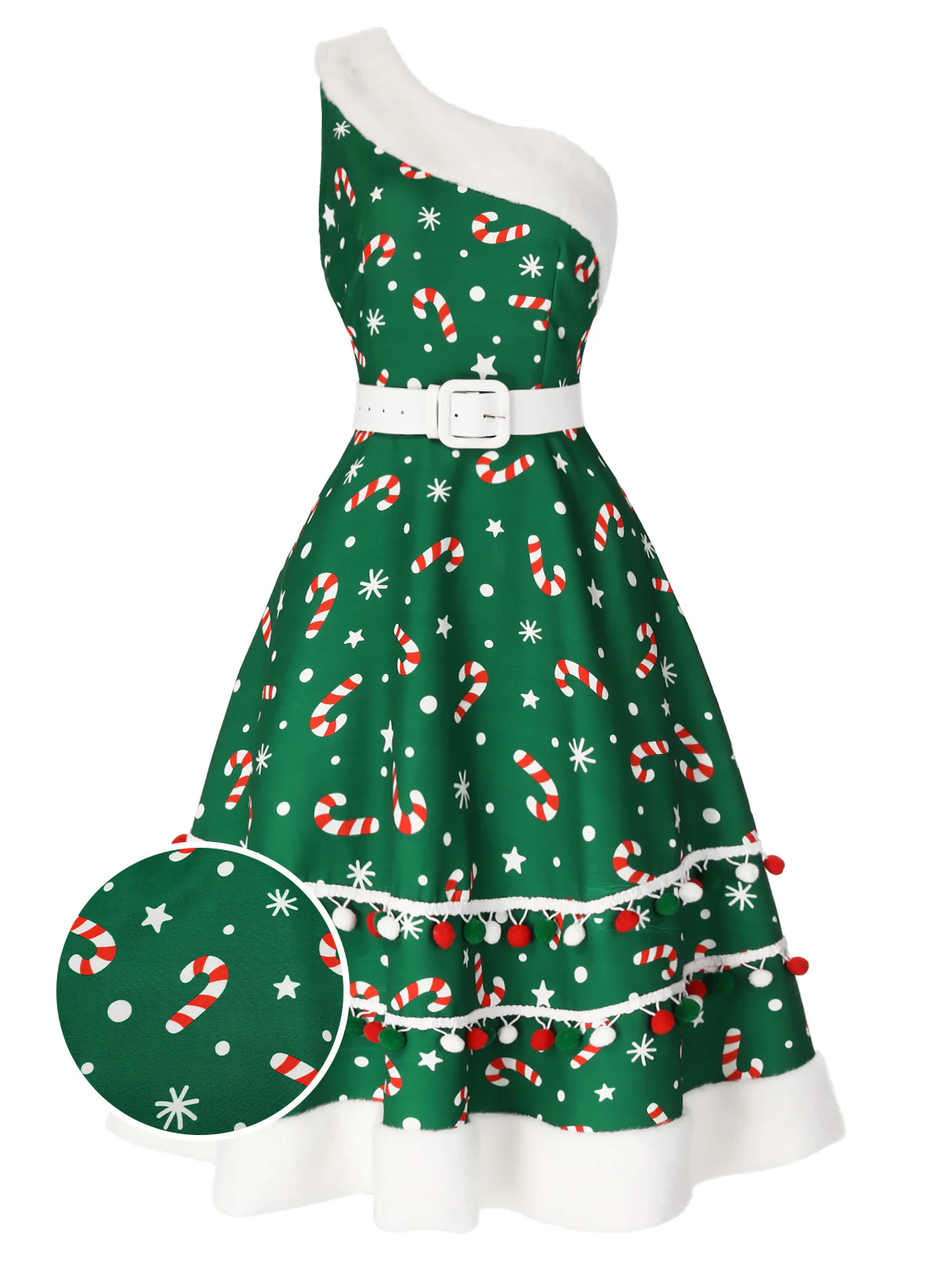 Green 1950s Candy Cane One-Shoulder Dress - Image 4