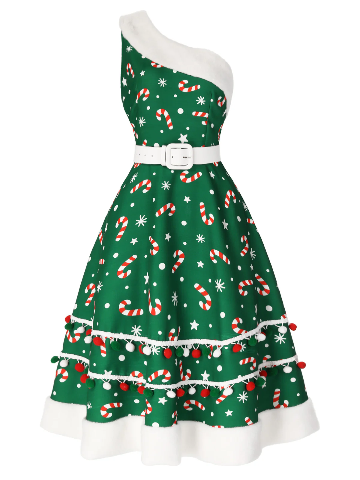 Green 1950s Candy Cane One-Shoulder Dress - Image 5