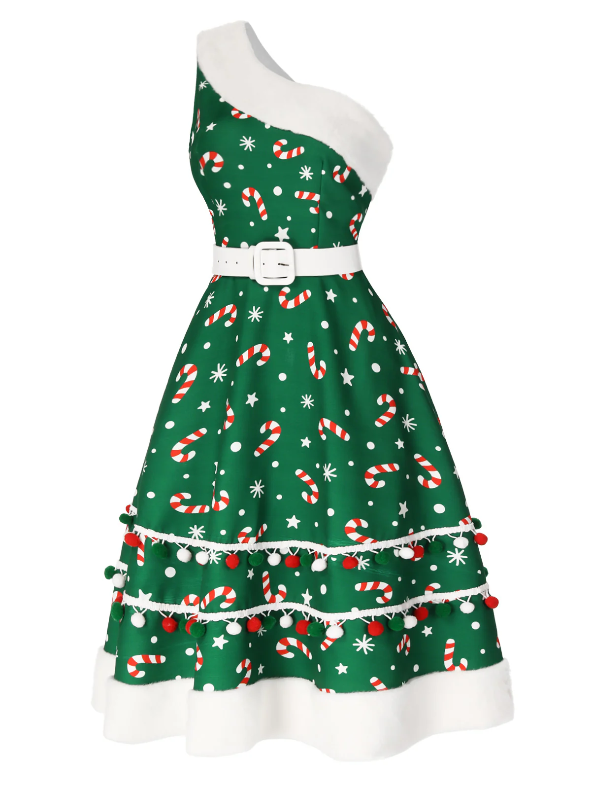 Green 1950s Candy Cane One-Shoulder Dress - Image 6