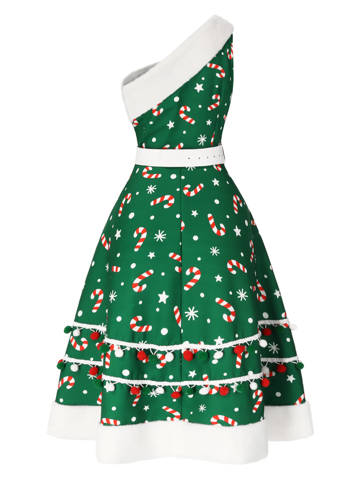 Green 1950s Candy Cane One-Shoulder Dress - Image 7