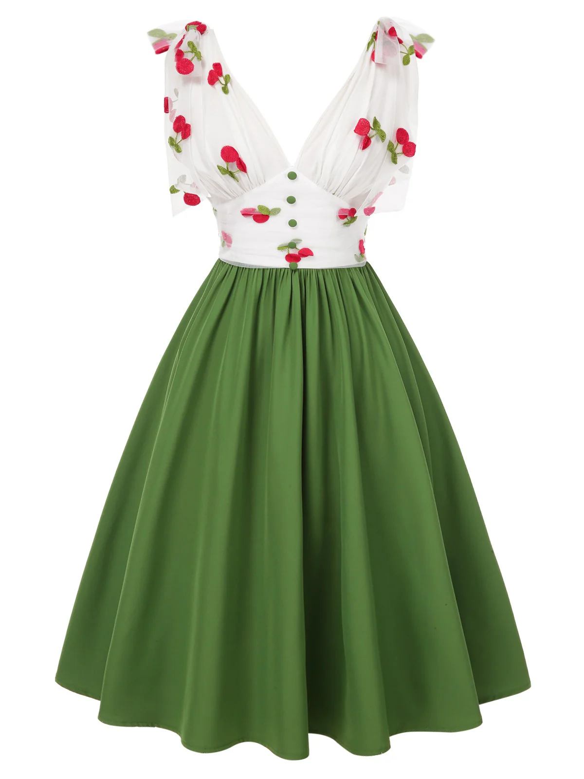 Green 1950s Cherry V-Neck Mesh Patchwork Dress - Image 2