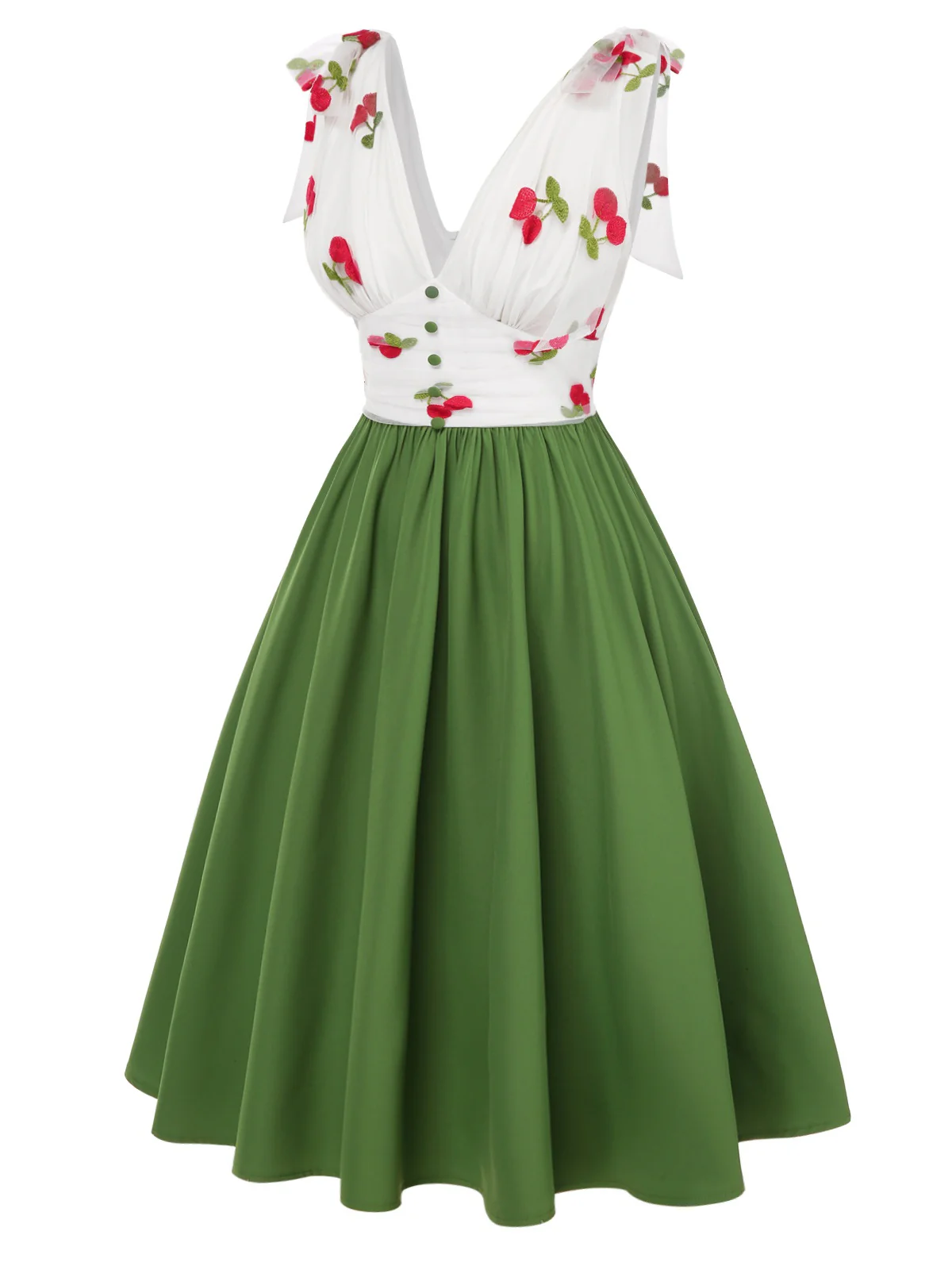 Green 1950s Cherry V-Neck Mesh Patchwork Dress - Image 3