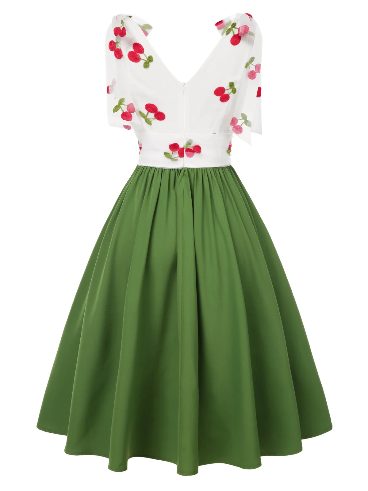 Green 1950s Cherry V-Neck Mesh Patchwork Dress - Image 4