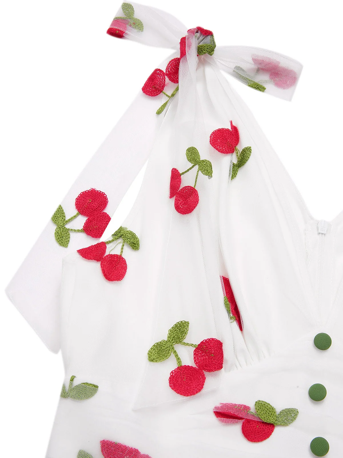 Green 1950s Cherry V-Neck Mesh Patchwork Dress - Image 5