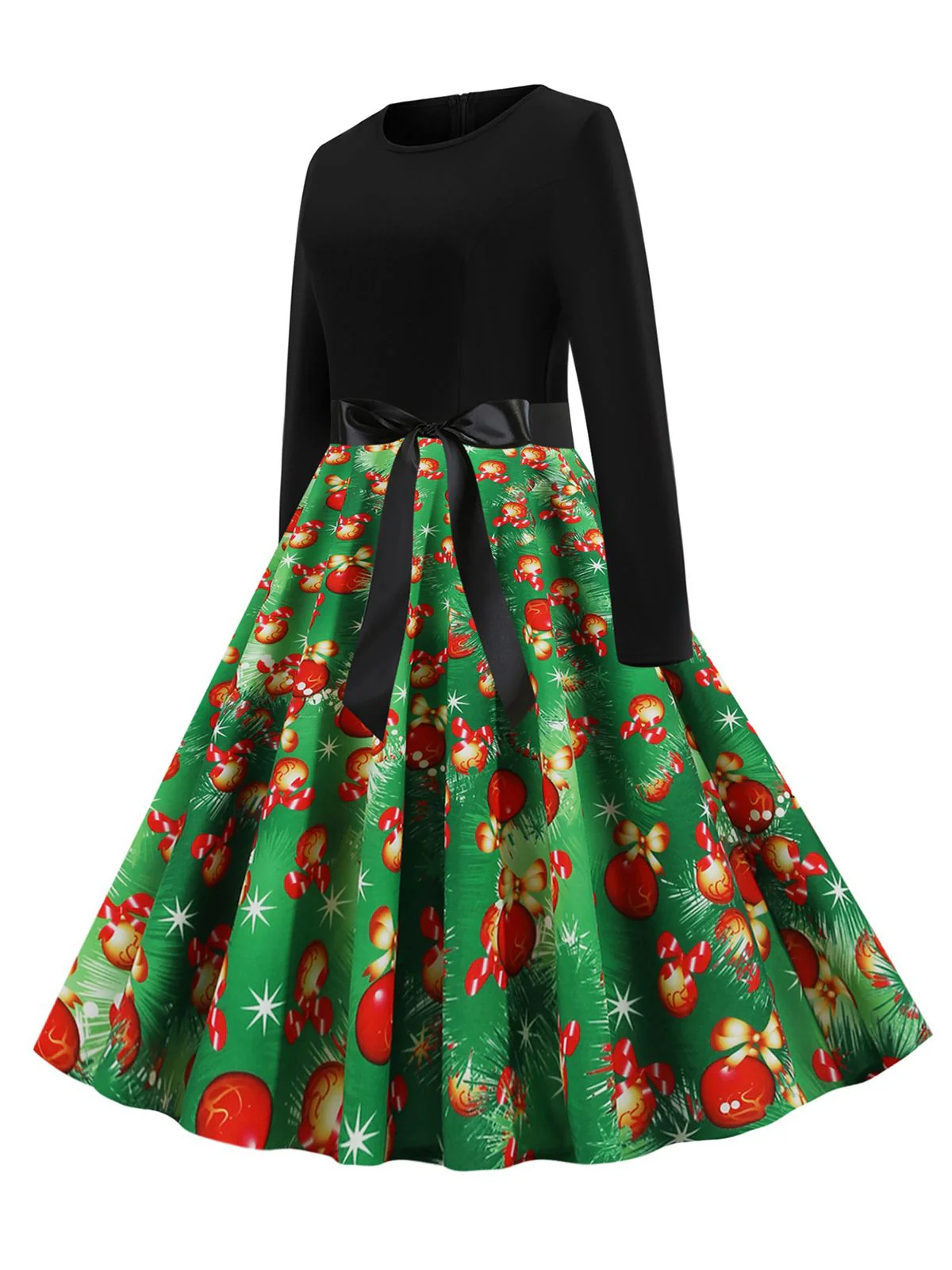 Green 1950s Christmas Bow Belted Swing Dress - Image 2