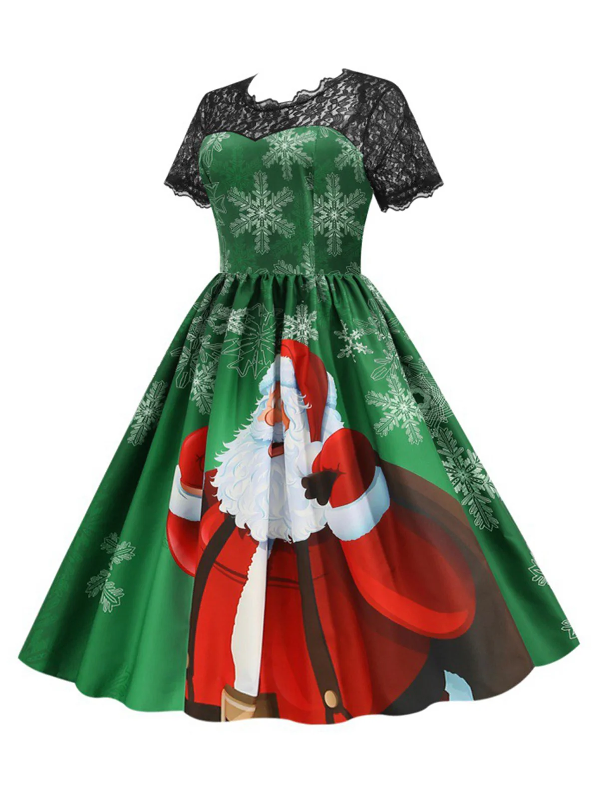 Green 1950s Christmas Santa Claus Lace Patchwork Dress - Image 2