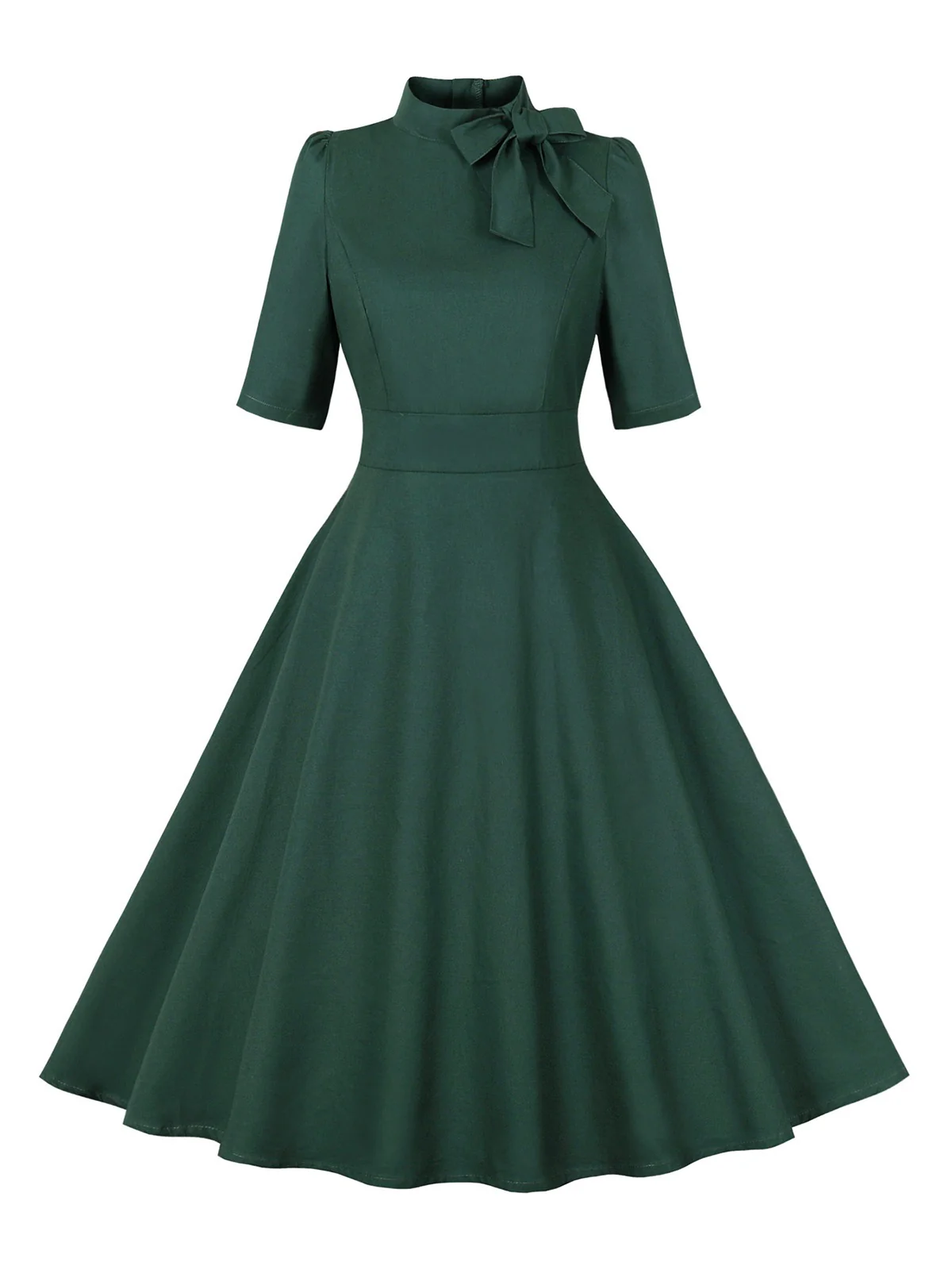 Green 1950s Cotton Tie Elbow Sleeves Dress - Image 2