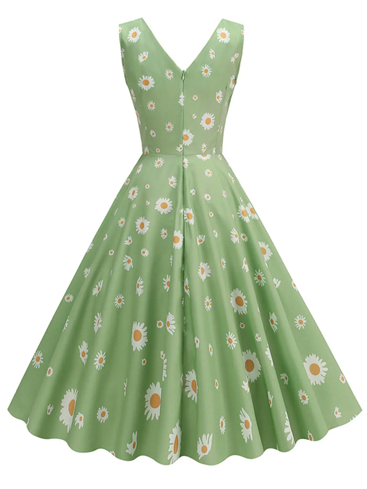 Green 1950s Daisy V-Neck Swing Dress - Image 2