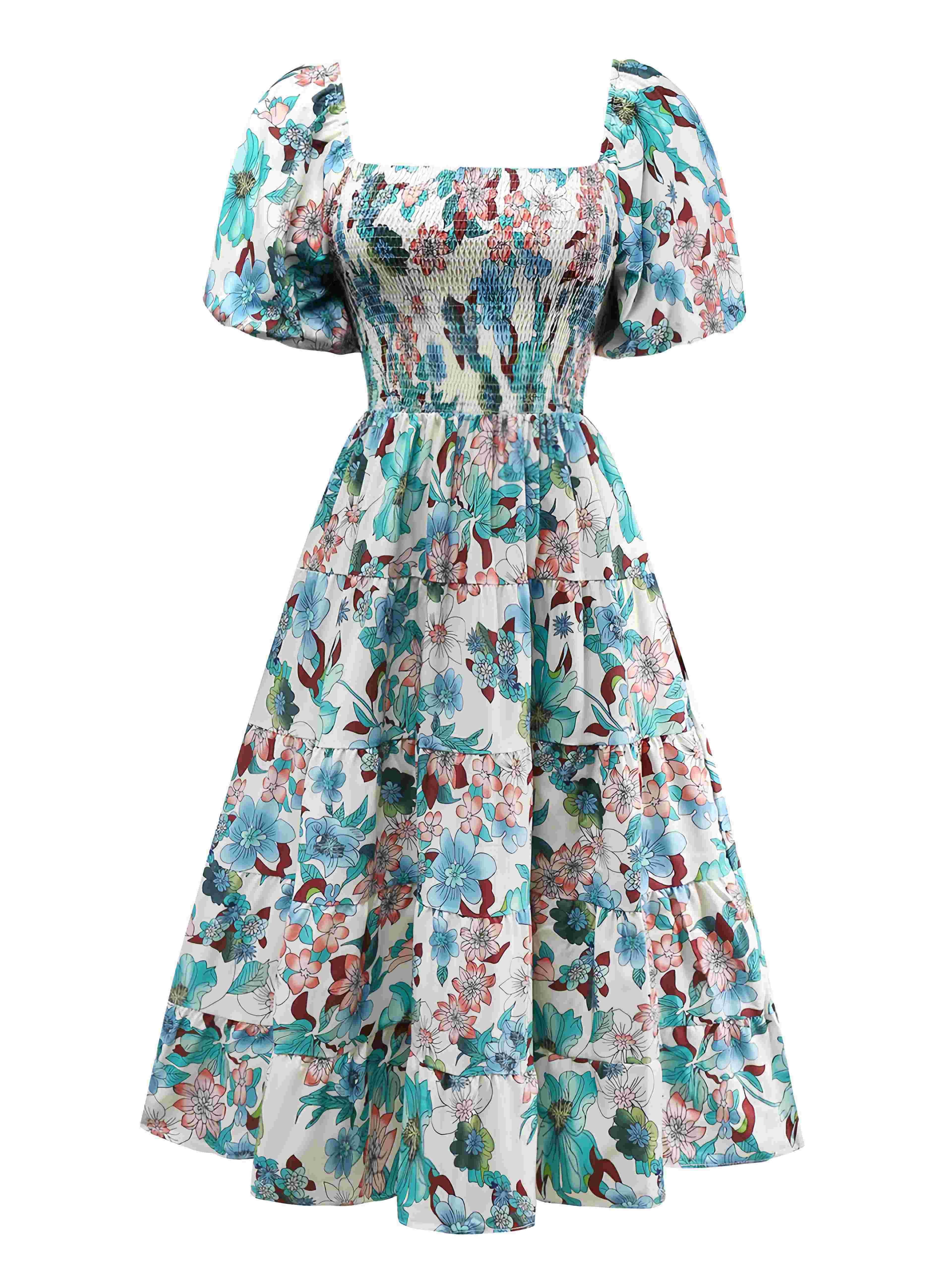 Green 1950s Floral Off-Shoulder Lantern Sleeve Bardot Dress - Image 2
