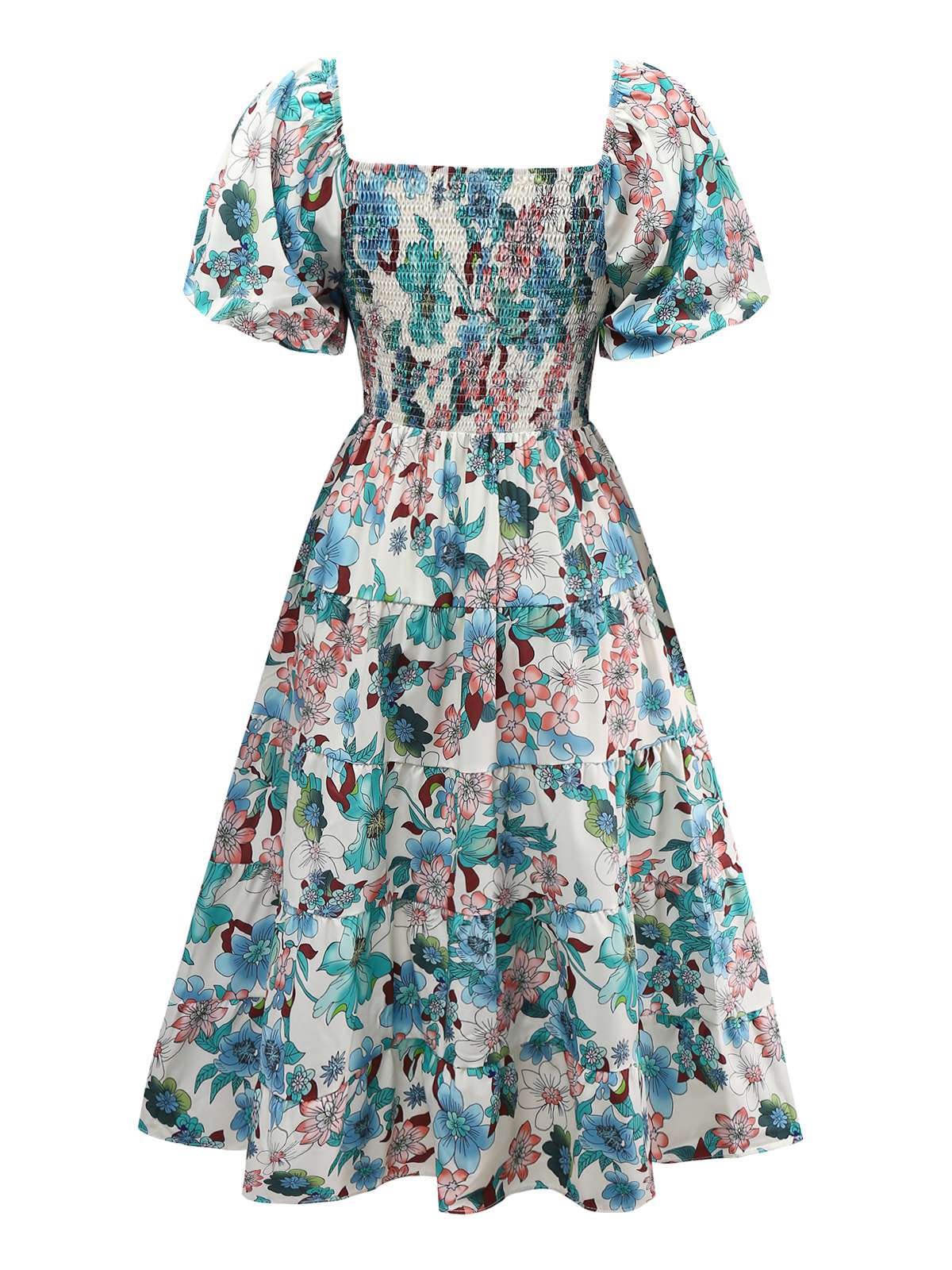 Green 1950s Floral Off-Shoulder Lantern Sleeve Bardot Dress - Image 3