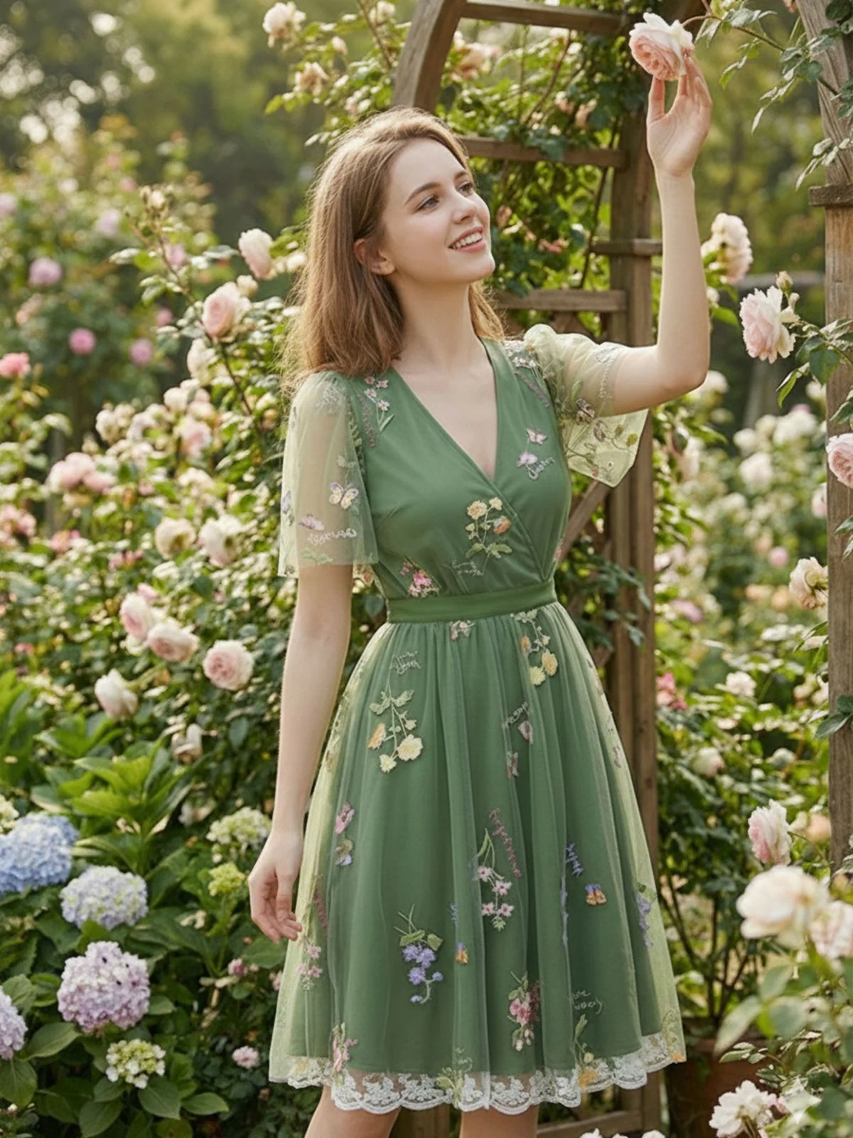 Green 1950s Floral Puff Sleeve Mesh Embroidered Dress - Image 2