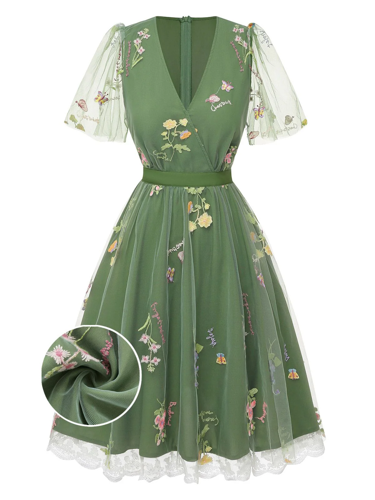 Green 1950s Floral Puff Sleeve Mesh Embroidered Dress - Image 3