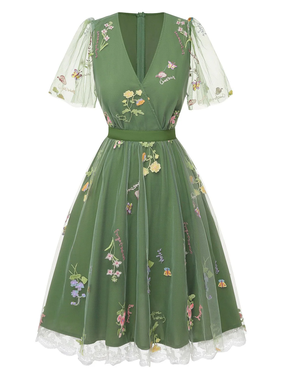 Green 1950s Floral Puff Sleeve Mesh Embroidered Dress - Image 4