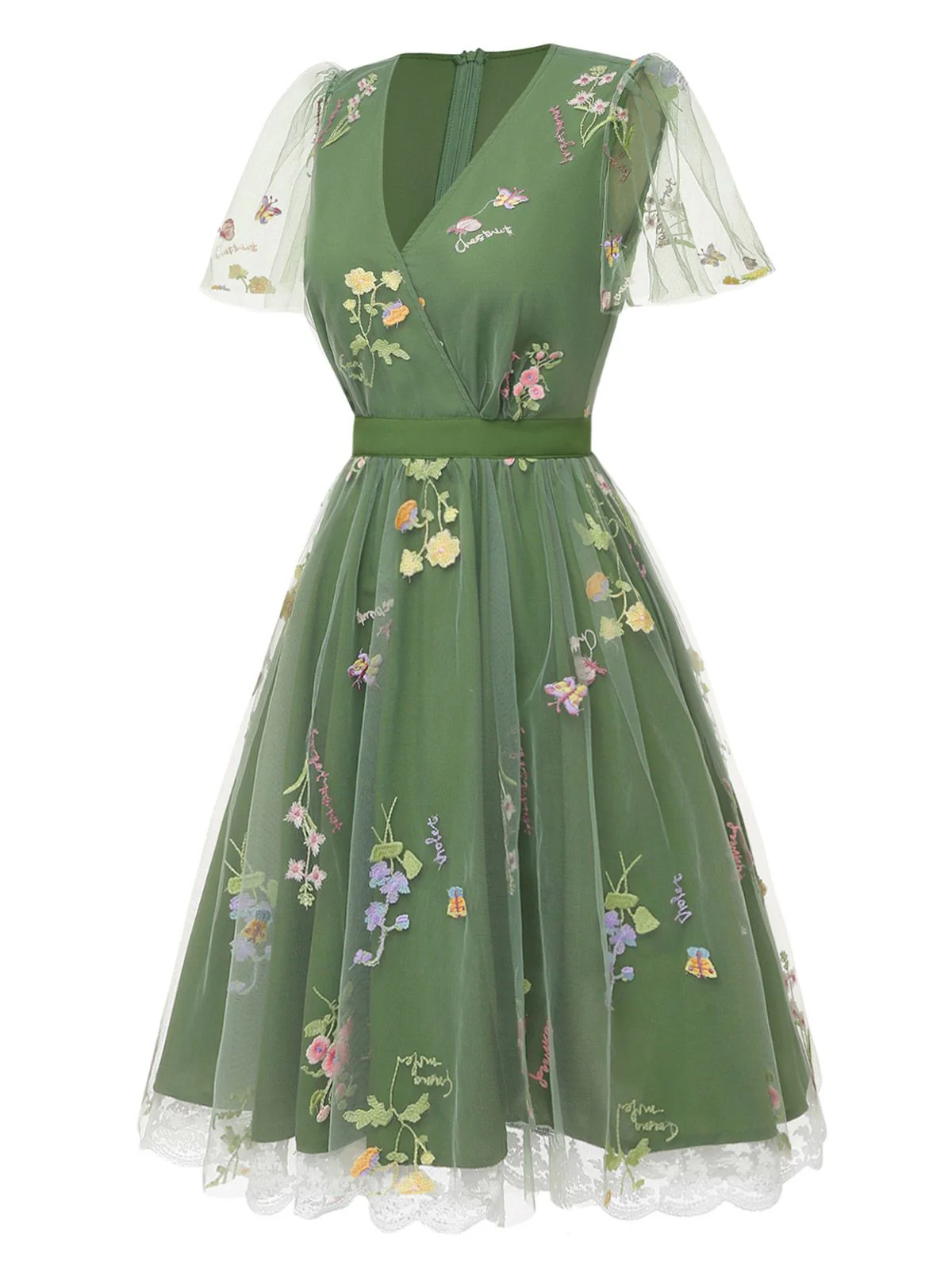 Green 1950s Floral Puff Sleeve Mesh Embroidered Dress - Image 5