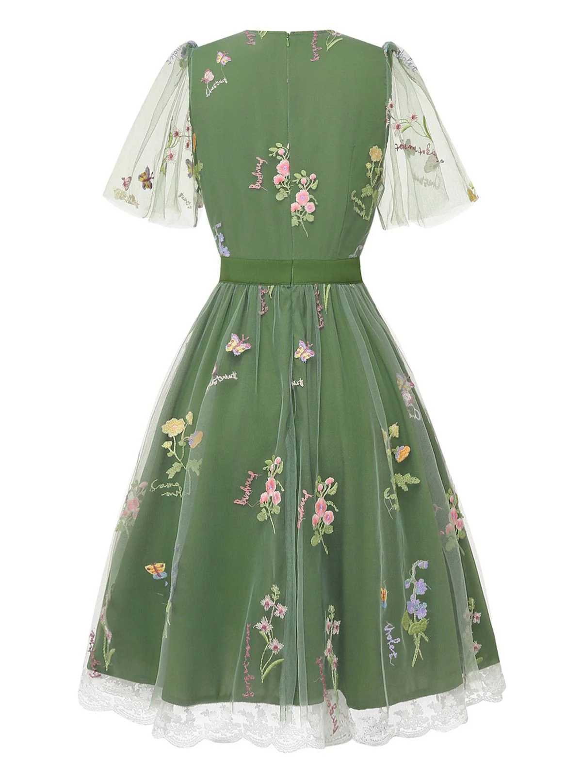 Green 1950s Floral Puff Sleeve Mesh Embroidered Dress - Image 6
