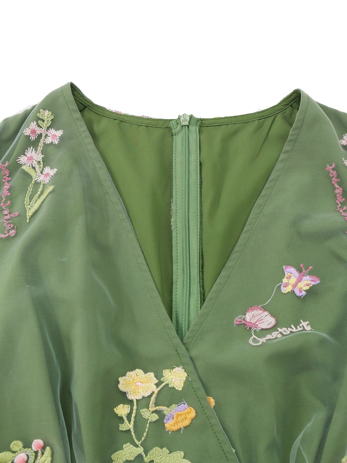 Green 1950s Floral Puff Sleeve Mesh Embroidered Dress - Image 8