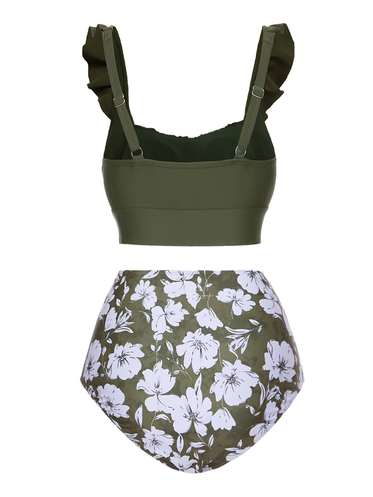 Green 1950s Floral Ruffles Pleated Swimsuit - Image 3