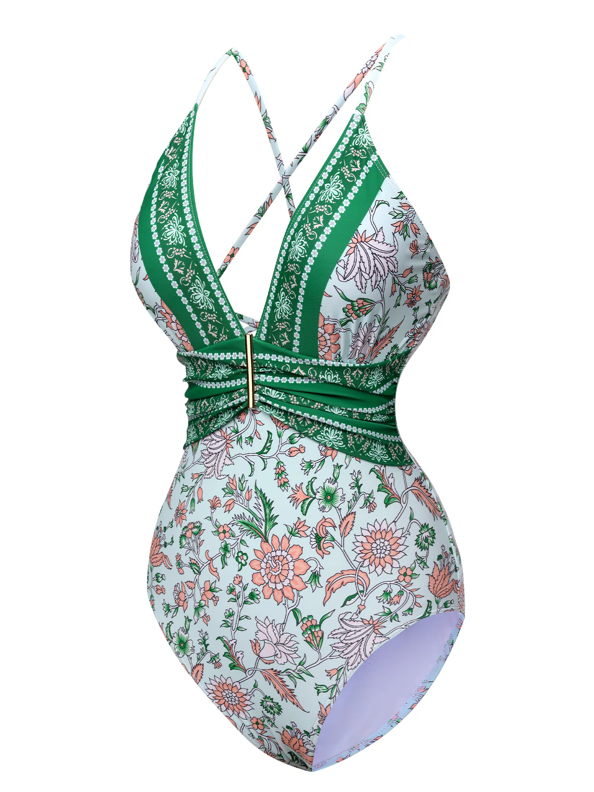Green 1950s Floral Spaghetti Strap Swimsuit - Image 2