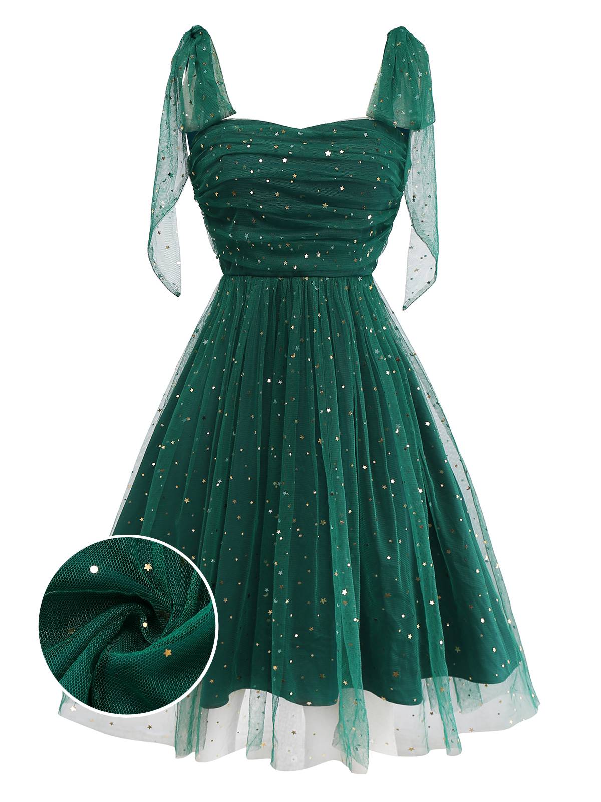 Green 1950s Glitter Shoulder Tie Ruched Dress - Image 2