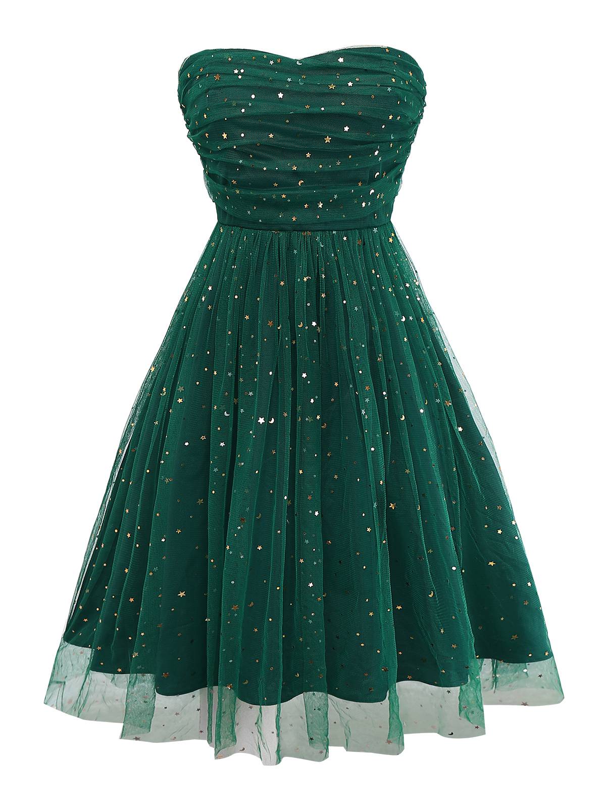 Green 1950s Glitter Shoulder Tie Ruched Dress - Image 3