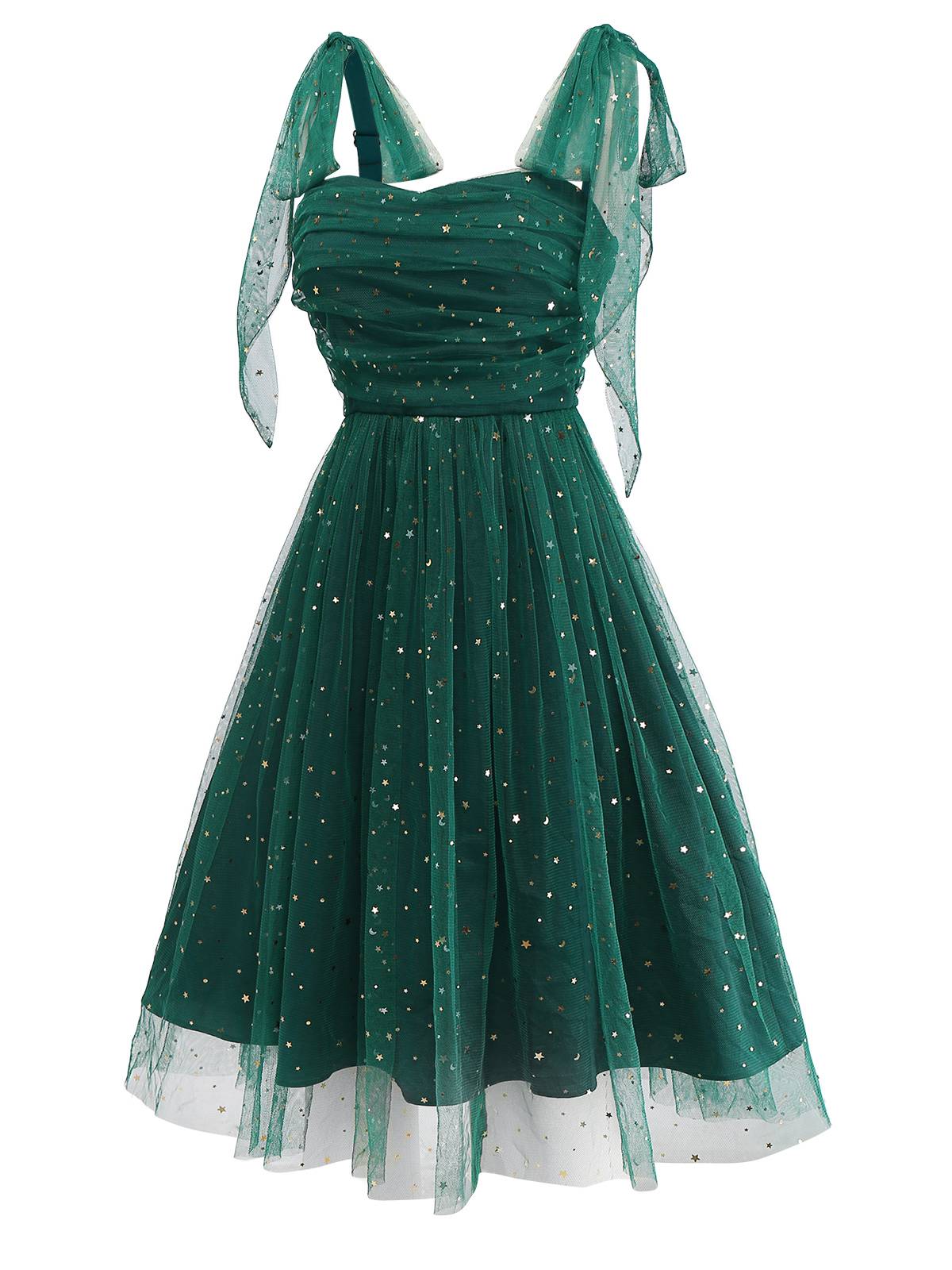 Green 1950s Glitter Shoulder Tie Ruched Dress - Image 4