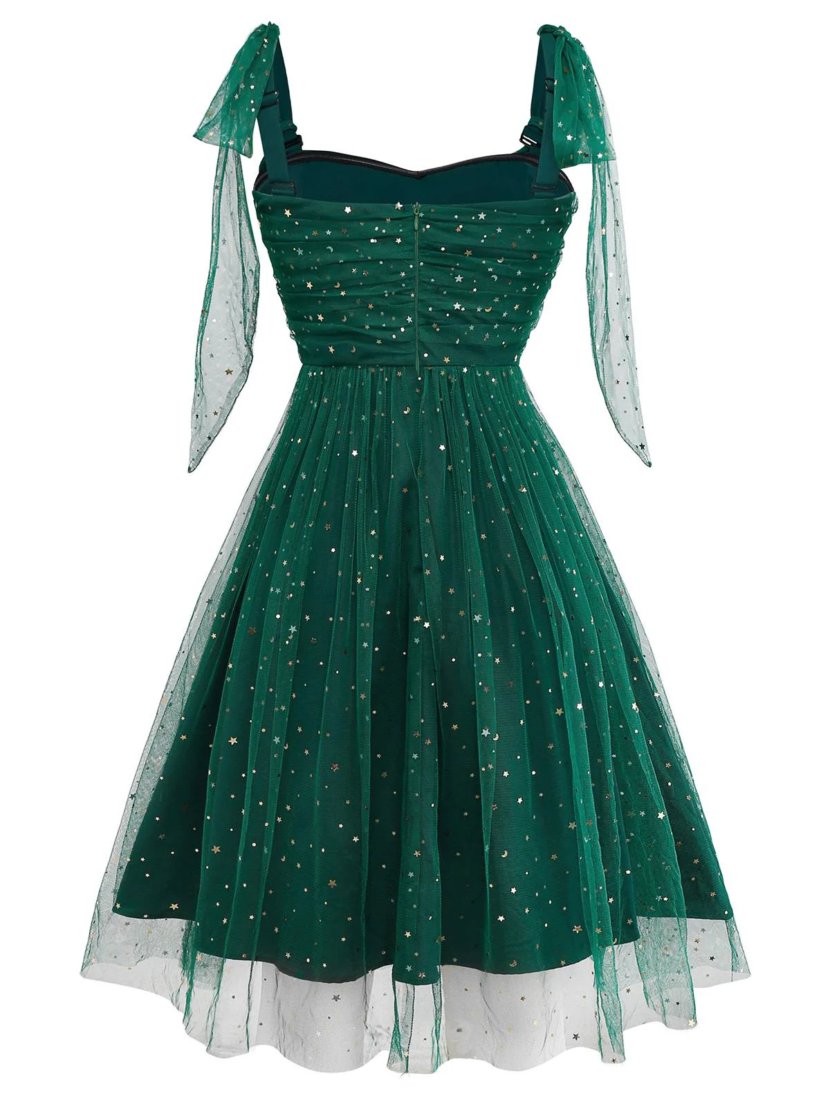 Green 1950s Glitter Shoulder Tie Ruched Dress - Image 5