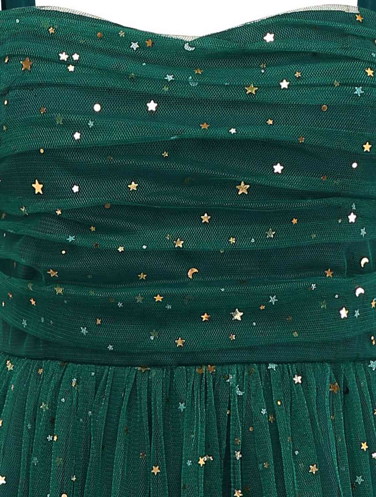 Green 1950s Glitter Shoulder Tie Ruched Dress - Image 7